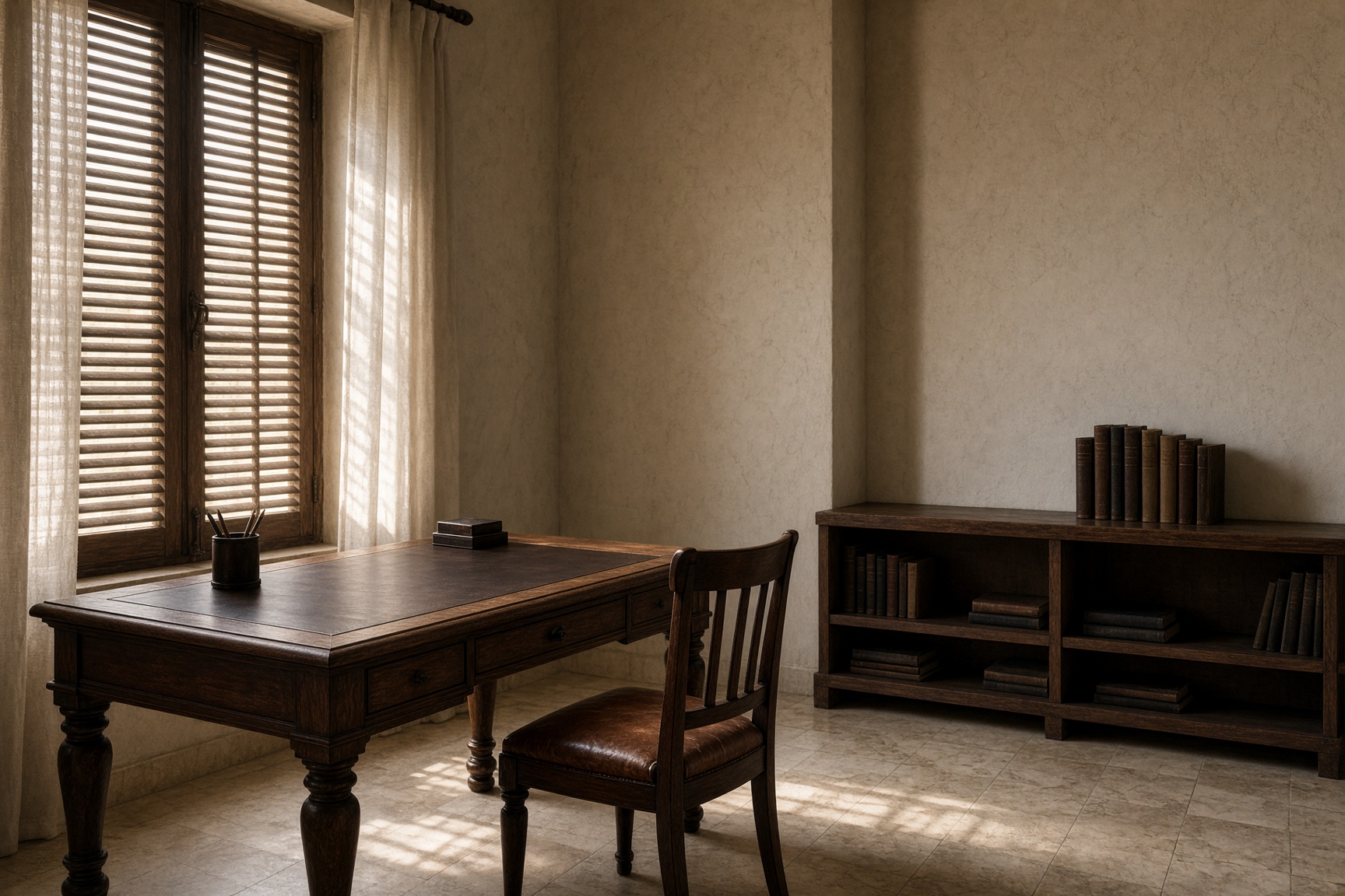 A quiet law office: oak desk, linen curtains, and Mediterranean light through wooden shutters.